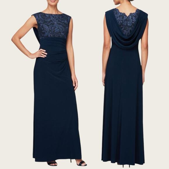 NWT | Alex Evenings | Empire Lace Gown | Navy | Size 8 - Picture 1 of 16